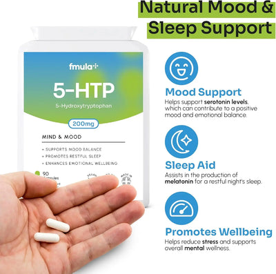 5-HTP Supplement 200mg | 5-HTP Capsules from Griffonia Seed Extract | Amino Acid 5-Hydroxytryptophan for Stress and Mood Support | Sleep Support Capsules for Adults | 90 Vegan Capsules fmula+