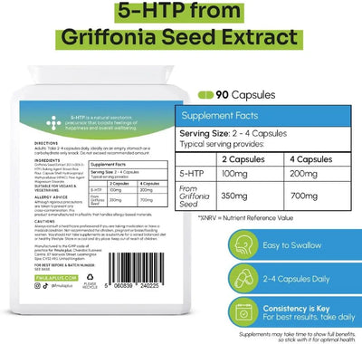 5-HTP Supplement 200mg | 5-HTP Capsules from Griffonia Seed Extract | Amino Acid 5-Hydroxytryptophan for Stress and Mood Support | Sleep Support Capsules for Adults | 90 Vegan Capsules fmula+