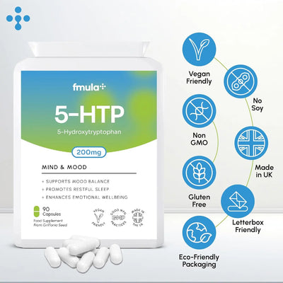5-HTP Supplement 200mg | 5-HTP Capsules from Griffonia Seed Extract | Amino Acid 5-Hydroxytryptophan for Stress and Mood Support | Sleep Support Capsules for Adults | 90 Vegan Capsules fmula+