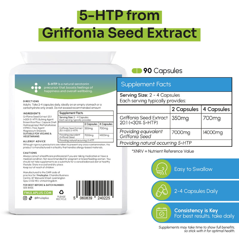 5-HTP Supplement 200mg | 5-HTP Capsules from Griffonia Seed Extract | Amino Acid 5-Hydroxytryptophan for Stress and Mood Support | Sleep Support Capsules for Adults | 90 Vegan Capsules fmula+
