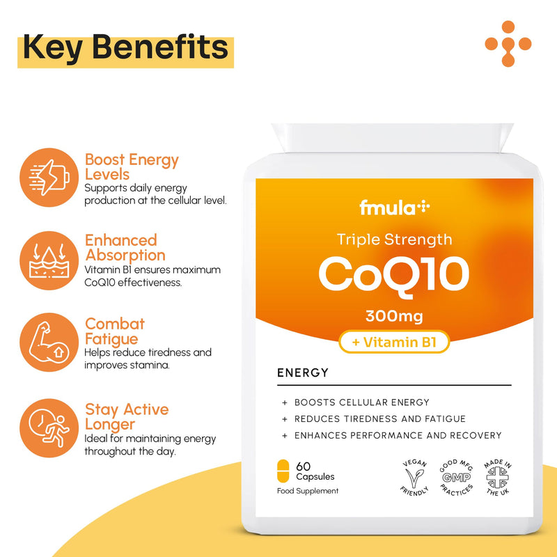 CoQ10 Supplement 300mg | 60 High Strength Coenzyme Q10 Capsules with Vitamin B1 for Energy Metabolism & Heart Health | Ubiquinone Co Enzyme Q10 Supplements | Vegan Capsules & UK Made - 2 Month Supply fmula+