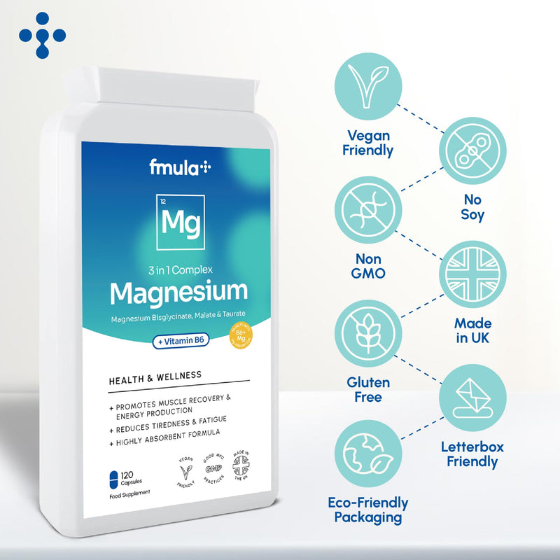 Triple Magnesium Complex Capsules supplement 375mg | Magnesium Bisglycinate, Magnesium Malate & Taurate with Vitamin B6 | Magnesium Glycinate Supplements for Women & Men | Vegan and UK Made - 120 Capsules fmula+