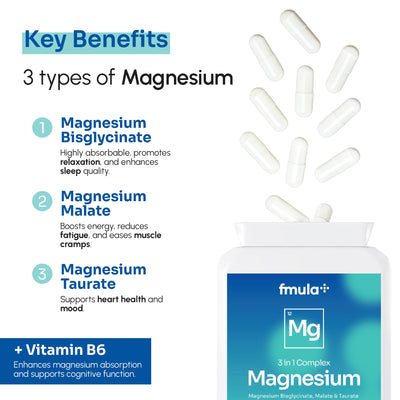 Triple Magnesium Complex Capsules supplement 375mg | Magnesium Bisglycinate, Magnesium Malate & Taurate with Vitamin B6 | Magnesium Glycinate Supplements for Women & Men | Vegan and UK Made - 120 Capsules fmula+