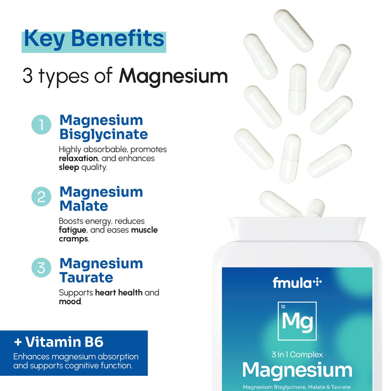 Triple Magnesium Complex Capsules supplement 375mg | Magnesium Bisglycinate, Magnesium Malate & Taurate with Vitamin B6 | Magnesium Glycinate Supplements for Women & Men | Vegan and UK Made - 120 Capsules fmula+