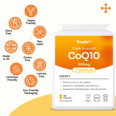 CoQ10 Supplement 300mg | 60 High Strength Coenzyme Q10 Capsules with Vitamin B1 for Energy Metabolism & Heart Health | Ubiquinone Co Enzyme Q10 Supplements | Vegan Capsules & UK Made - 2 Month Supply fmula+