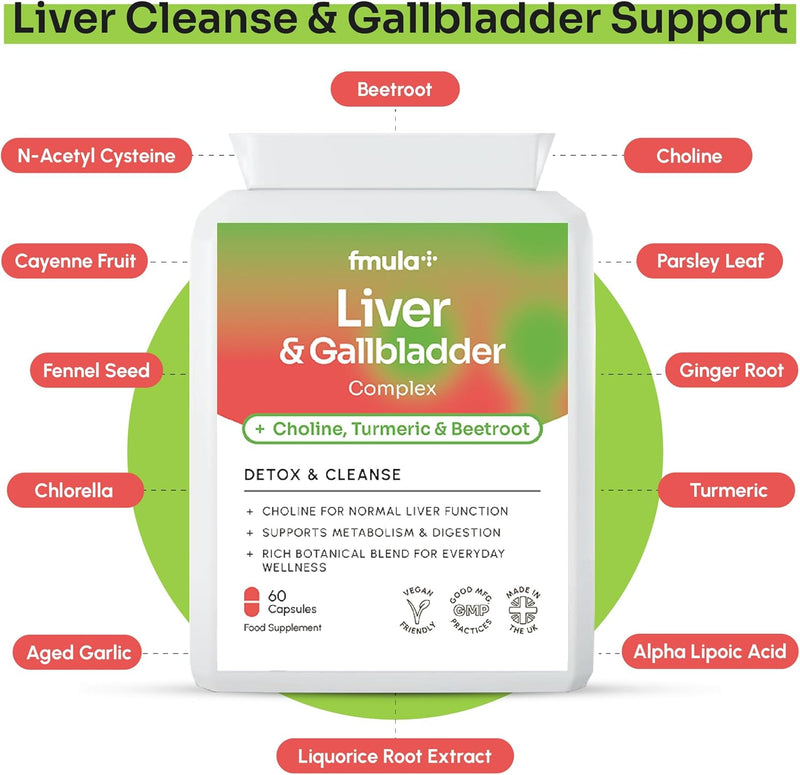 Liver Detox & Gallbladder Cleanse Supplement - Natural Liver Cleanse Detox and Repair Complex with Choline, Turmeric, Beetroot, Garlic, NAC & Alpha Lipoic Acid - UK Made Liver Support Supplements fmula+