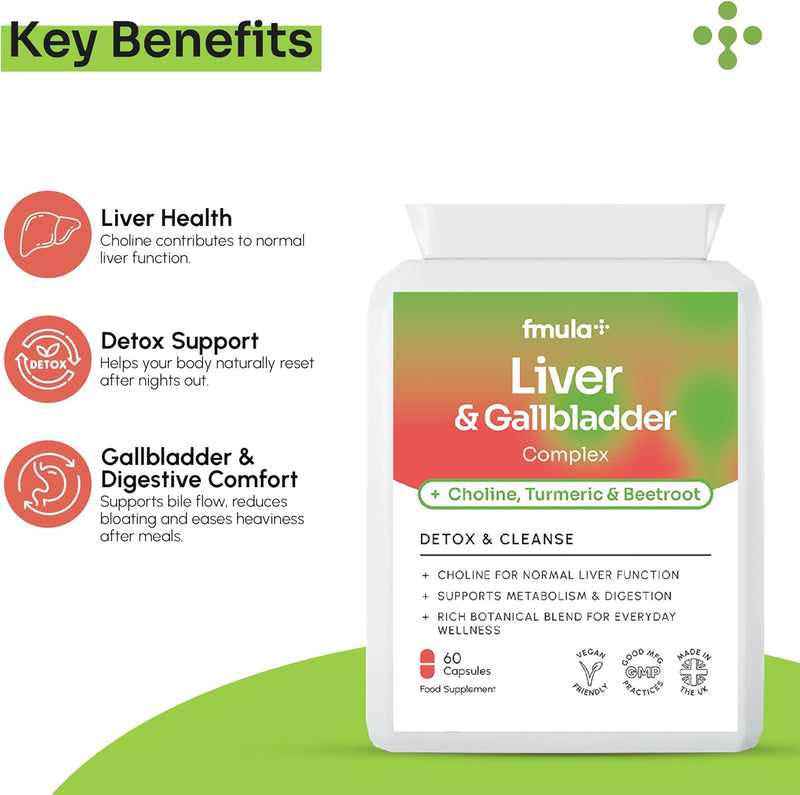 Liver Detox & Gallbladder Cleanse Supplement - Natural Liver Cleanse Detox and Repair Complex with Choline, Turmeric, Beetroot, Garlic, NAC & Alpha Lipoic Acid - UK Made Liver Support Supplements fmula+