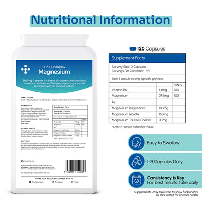 Triple Magnesium Complex supplement Capsules 375mg | Magnesium Bisglycinate, Magnesium Malate & Taurate with Vitamin B6 | Magnesium Glycinate Supplements for Women & Men | Vegan and UK Made - 120 Capsules fmula+