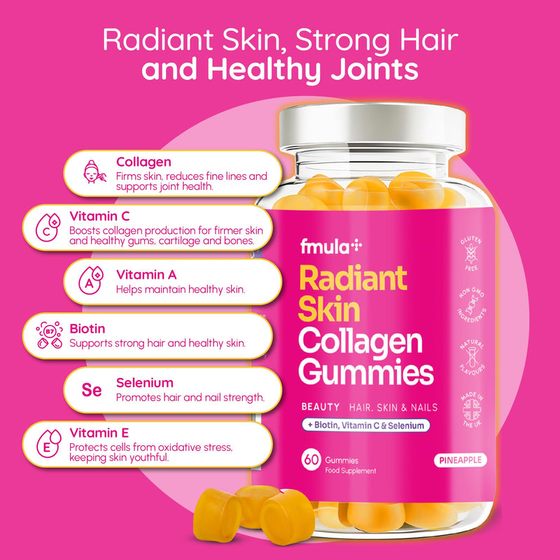 Radiant skin Collagen gummies supplement bottle made in Uk for skin hair and nails