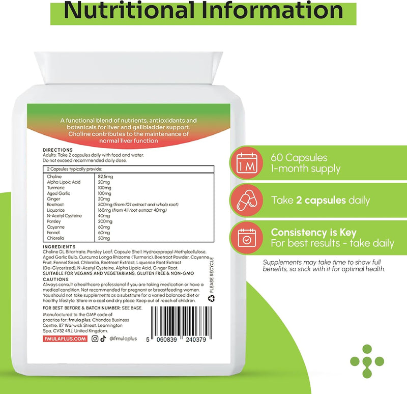 Liver Detox & Gallbladder Cleanse Supplement - Natural Liver Cleanse Detox and Repair Complex with Choline, Turmeric, Beetroot, Garlic, NAC & Alpha Lipoic Acid - UK Made Liver Support Supplements fmula+