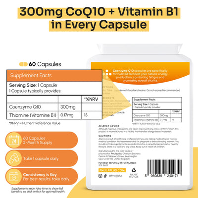 CoQ10 Supplement 300mg | 60 High Strength Coenzyme Q10 Capsules with Vitamin B1 for Energy Metabolism & Heart Health | Ubiquinone Co Enzyme Q10 Supplements | Vegan Capsules & UK Made - 2 Month Supply fmula+