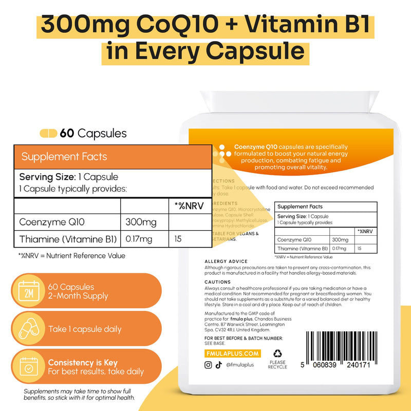 CoQ10 Supplement 300mg | 60 High Strength Coenzyme Q10 Capsules with Vitamin B1 for Energy Metabolism & Heart Health | Ubiquinone Co Enzyme Q10 Supplements | Vegan Capsules & UK Made - 2 Month Supply fmula+