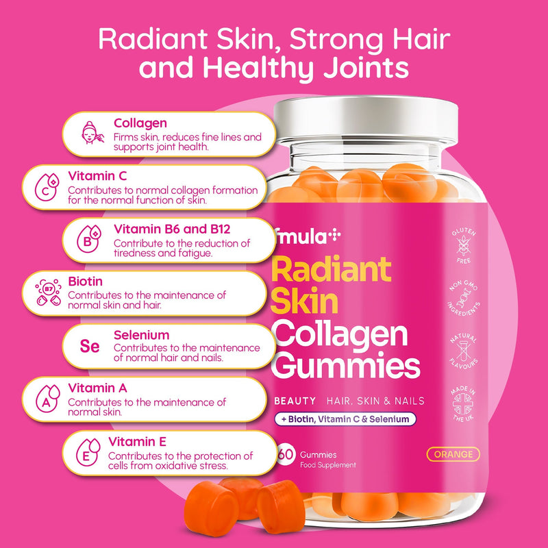 Radiant skin Collagen gummies supplement bottle made in Uk for skin hair and nails